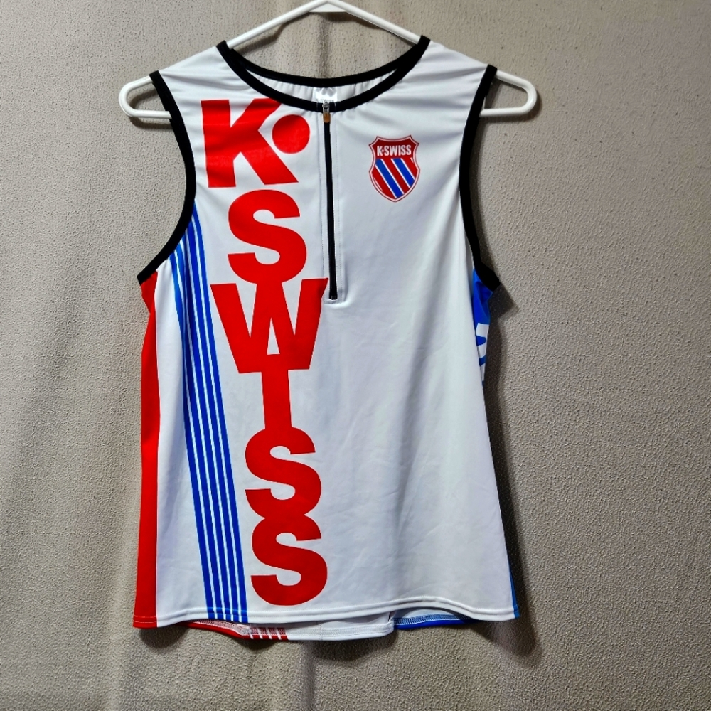 K-Swiss White and Red Sleeveless Running Top Vintage Look
